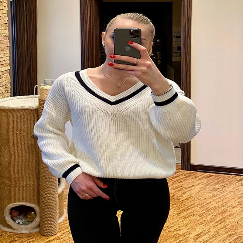 Preppy Style Women'S Knitted Sweater Cotton Long Sleeve V-Neck Pullover Tops Vintage Autumn Winter Fashion