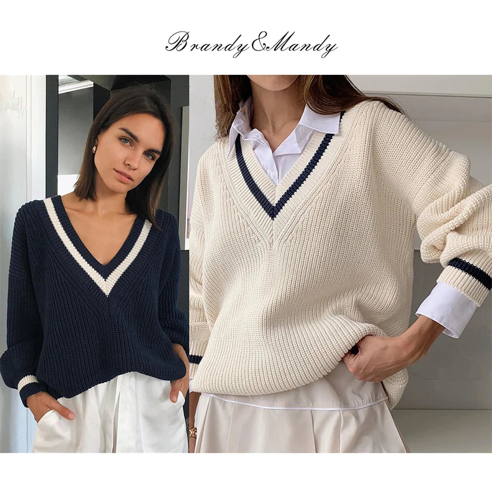 Preppy Style Women'S Knitted Sweater Cotton Long Sleeve V-Neck Pullover Tops Vintage Autumn Winter Fashion