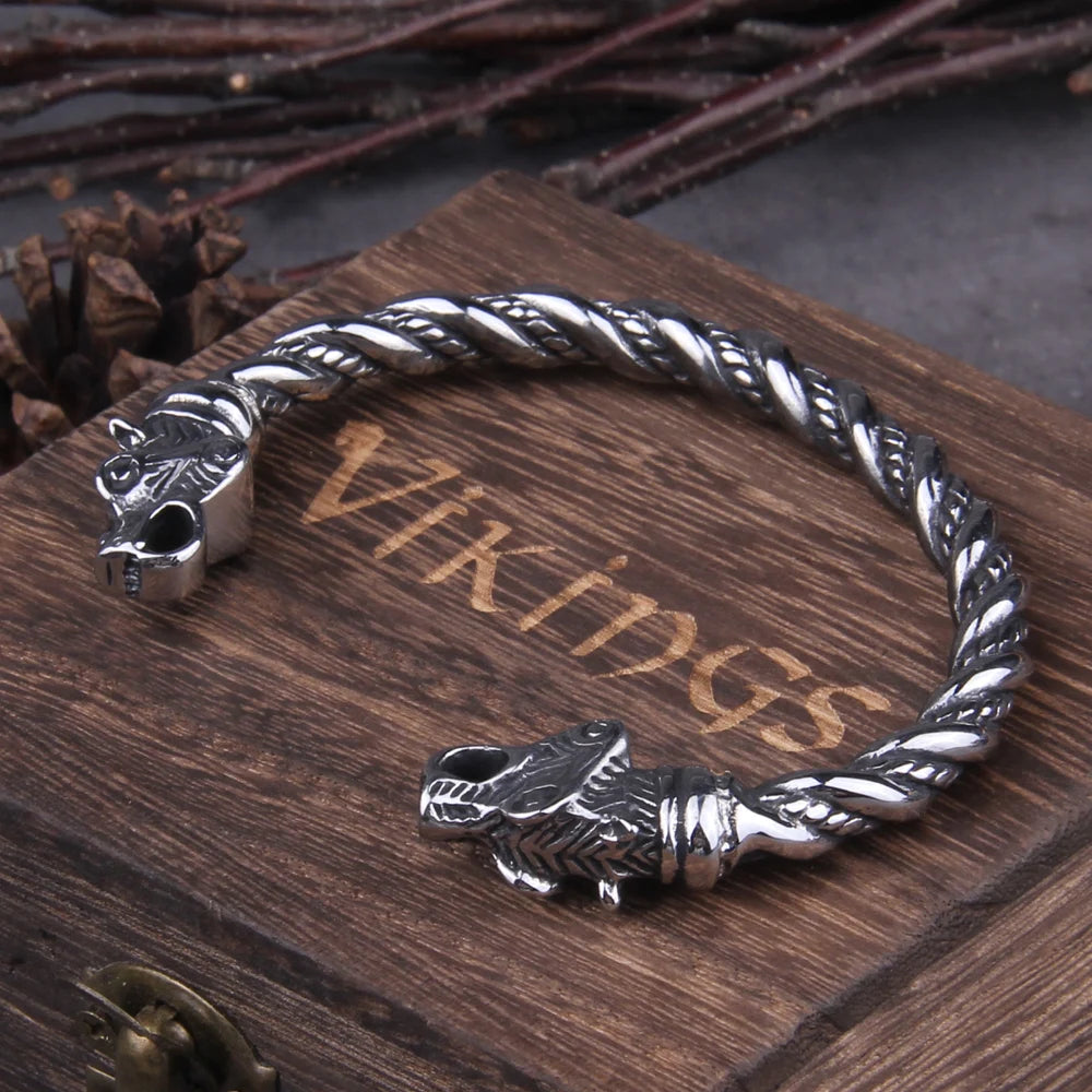 Stainless Steel Nordic Viking Norse Bear Bracelet Adjustable Men Wristband Cuff Bracelets with Viking Wooden Box