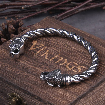 Stainless Steel Nordic Viking Norse Bear Bracelet Adjustable Men Wristband Cuff Bracelets with Viking Wooden Box