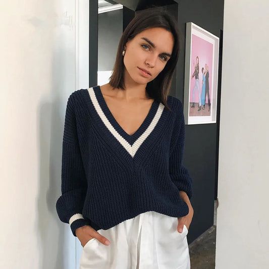 Preppy Style Women'S Knitted Sweater Cotton Long Sleeve V-Neck Pullover Tops Vintage Autumn Winter Fashion