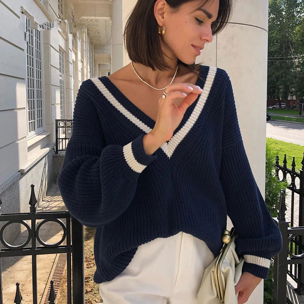 Preppy Style Women'S Knitted Sweater Cotton Long Sleeve V-Neck Pullover Tops Vintage Autumn Winter Fashion