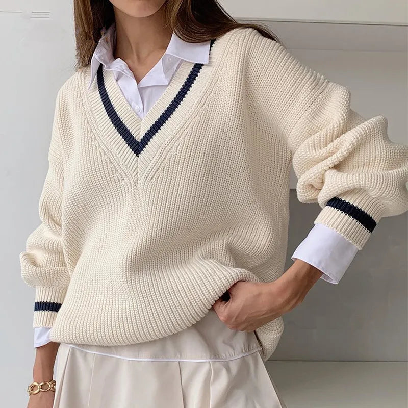 Preppy Style Women'S Knitted Sweater Cotton Long Sleeve V-Neck Pullover Tops Vintage Autumn Winter Fashion