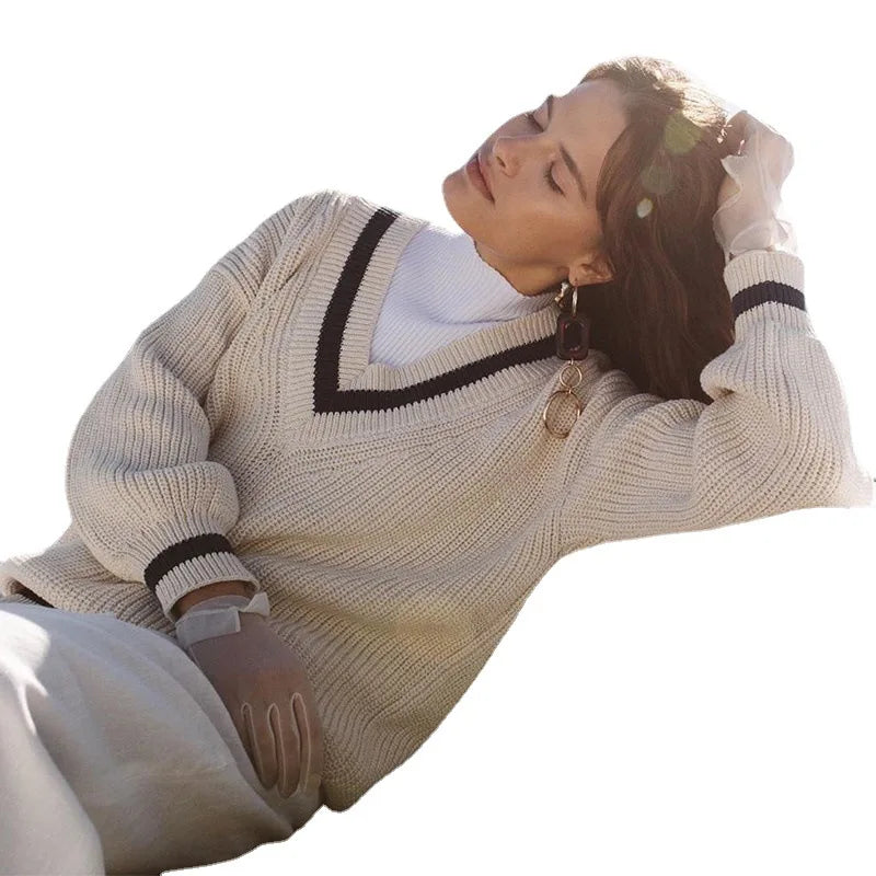 Preppy Style Women'S Knitted Sweater Cotton Long Sleeve V-Neck Pullover Tops Vintage Autumn Winter Fashion