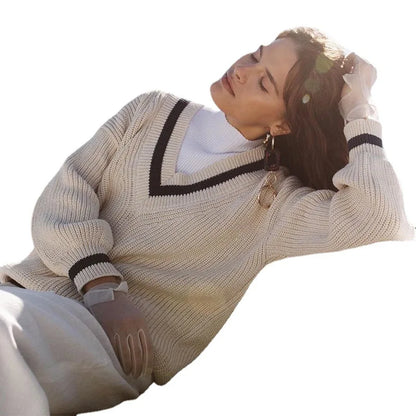 Preppy Style Women'S Knitted Sweater Cotton Long Sleeve V-Neck Pullover Tops Vintage Autumn Winter Fashion